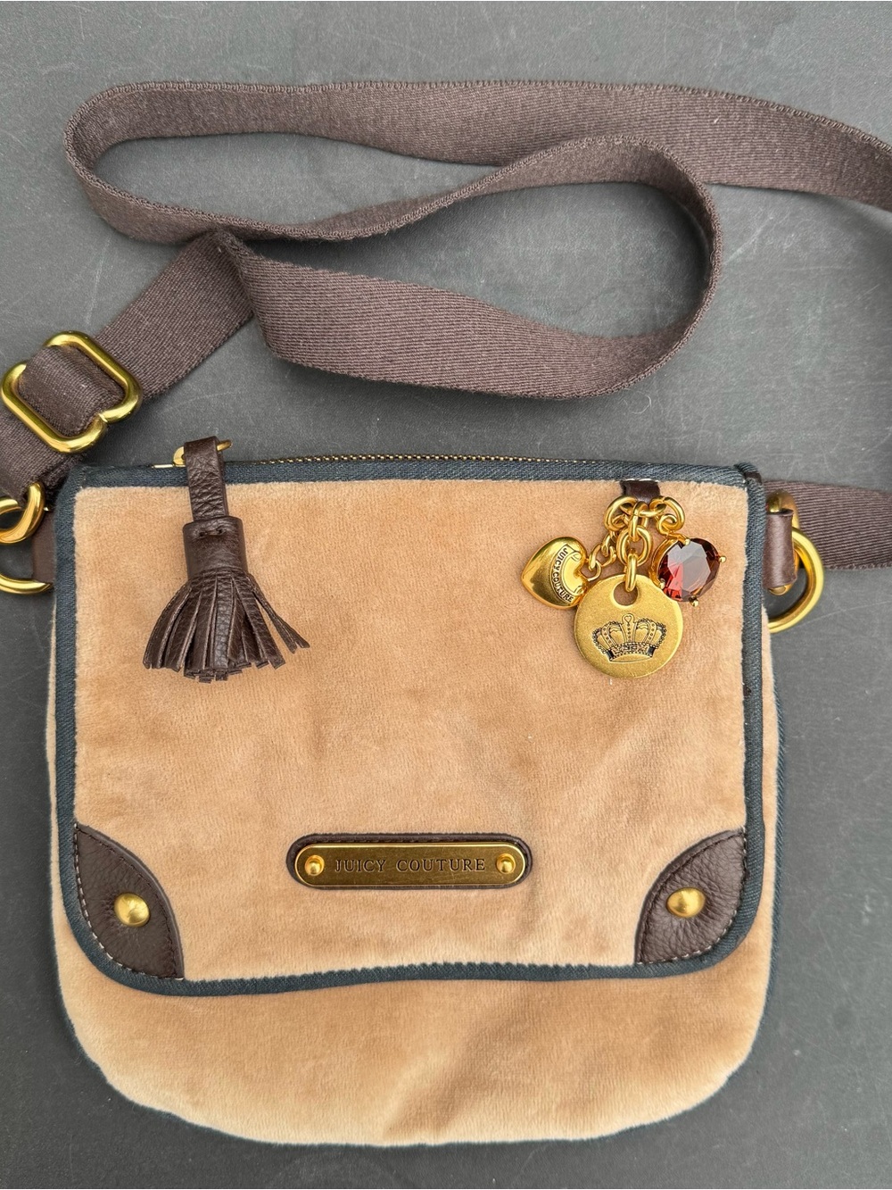Juicy Couture Vintage Tan Velour Crossbody Bag with Gold Charm
